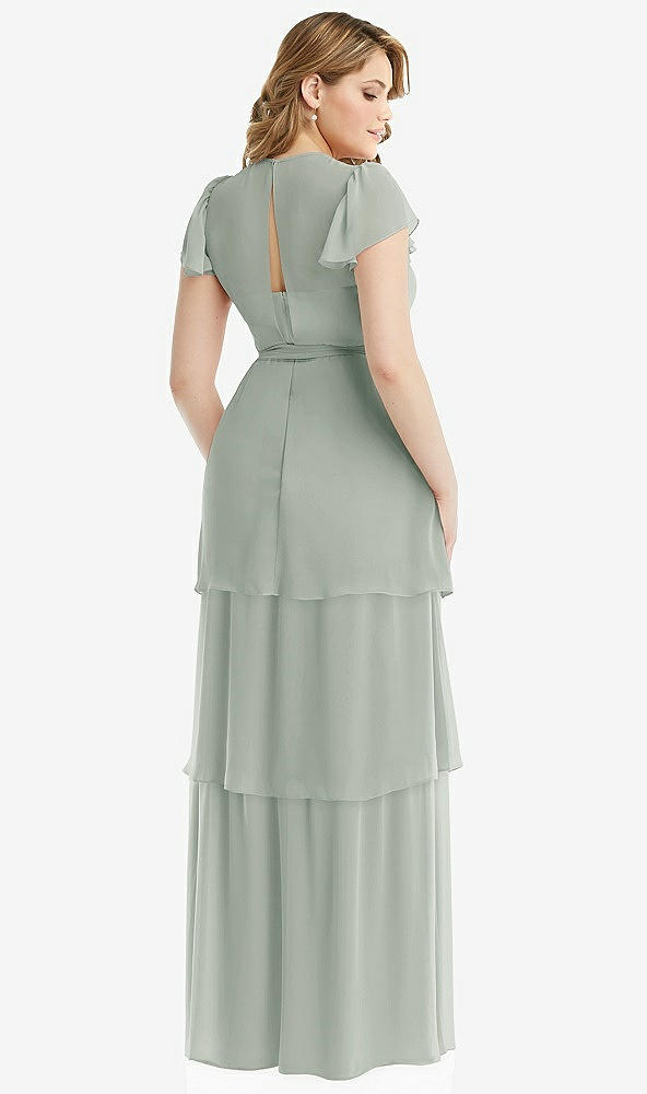 Back View - Willow Green Flutter Sleeve Jewel Neck Chiffon Maxi Dress with Tiered Ruffle Skirt