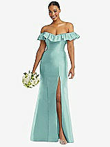 Alt View 1 Thumbnail - Coastal Off-the-Shoulder Ruffle Neck Satin Trumpet Gown