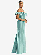 Alt View 4 Thumbnail - Coastal Off-the-Shoulder Ruffle Neck Satin Trumpet Gown