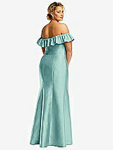 Rear View Thumbnail - Coastal Off-the-Shoulder Ruffle Neck Satin Trumpet Gown