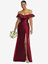 Alt View 1 Thumbnail - Burgundy Off-the-Shoulder Ruffle Neck Satin Trumpet Gown