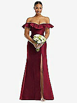 Alt View 2 Thumbnail - Burgundy Off-the-Shoulder Ruffle Neck Satin Trumpet Gown