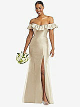 Alt View 1 Thumbnail - Champagne Off-the-Shoulder Ruffle Neck Satin Trumpet Gown