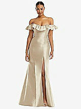 Alt View 3 Thumbnail - Champagne Off-the-Shoulder Ruffle Neck Satin Trumpet Gown