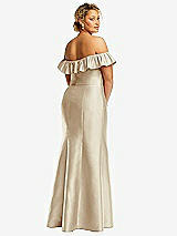 Rear View Thumbnail - Champagne Off-the-Shoulder Ruffle Neck Satin Trumpet Gown