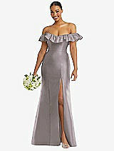 Alt View 1 Thumbnail - Cashmere Gray Off-the-Shoulder Ruffle Neck Satin Trumpet Gown