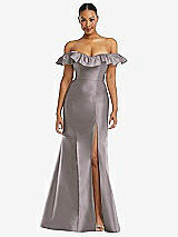 Alt View 3 Thumbnail - Cashmere Gray Off-the-Shoulder Ruffle Neck Satin Trumpet Gown