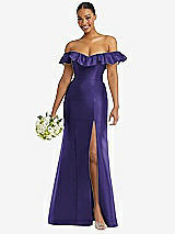 Alt View 1 Thumbnail - Grape Off-the-Shoulder Ruffle Neck Satin Trumpet Gown