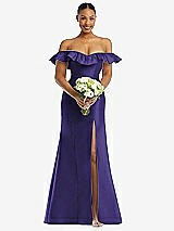 Alt View 2 Thumbnail - Grape Off-the-Shoulder Ruffle Neck Satin Trumpet Gown