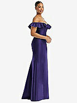 Alt View 4 Thumbnail - Grape Off-the-Shoulder Ruffle Neck Satin Trumpet Gown