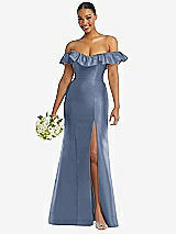 Alt View 1 Thumbnail - Larkspur Blue Off-the-Shoulder Ruffle Neck Satin Trumpet Gown