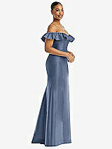 Alt View 4 Thumbnail - Larkspur Blue Off-the-Shoulder Ruffle Neck Satin Trumpet Gown