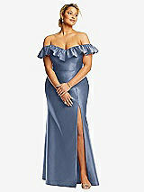 Front View Thumbnail - Larkspur Blue Off-the-Shoulder Ruffle Neck Satin Trumpet Gown