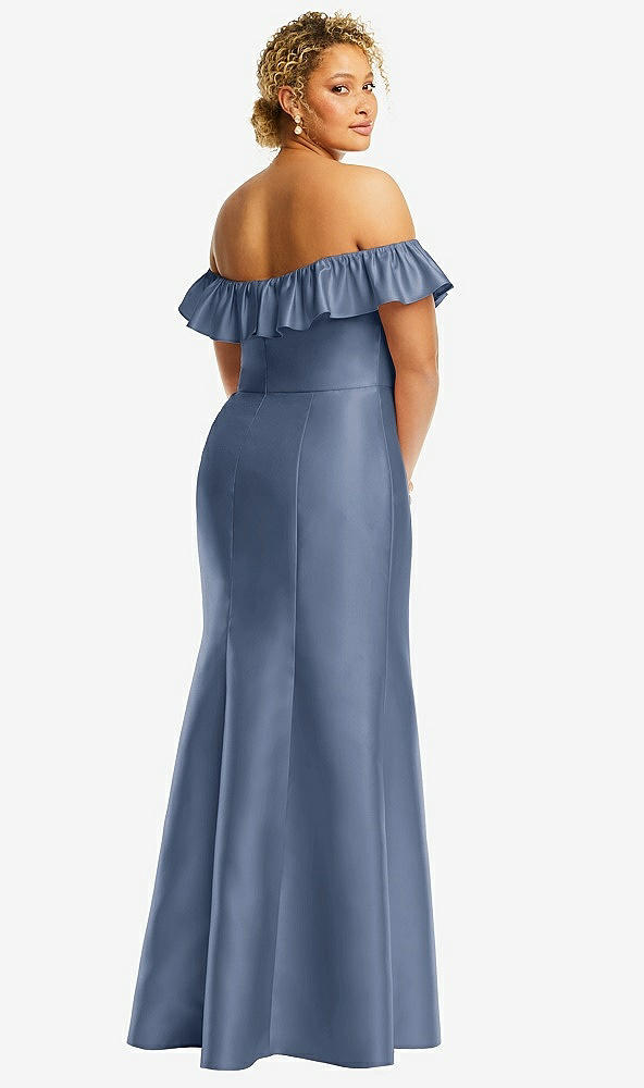 Back View - Larkspur Blue Off-the-Shoulder Ruffle Neck Satin Trumpet Gown