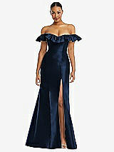 Alt View 3 Thumbnail - Midnight Navy Off-the-Shoulder Ruffle Neck Satin Trumpet Gown