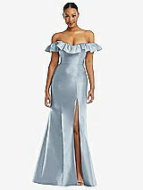 Alt View 3 Thumbnail - Mist Off-the-Shoulder Ruffle Neck Satin Trumpet Gown