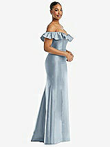 Alt View 4 Thumbnail - Mist Off-the-Shoulder Ruffle Neck Satin Trumpet Gown