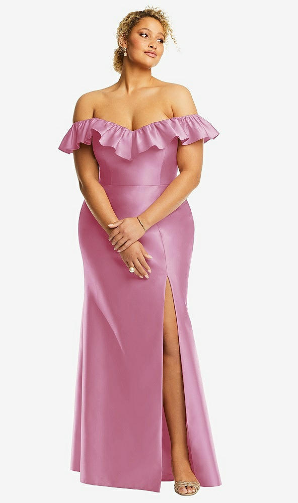 Front View - Powder Pink Off-the-Shoulder Ruffle Neck Satin Trumpet Gown