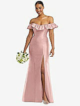 Alt View 1 Thumbnail - Rose Off-the-Shoulder Ruffle Neck Satin Trumpet Gown