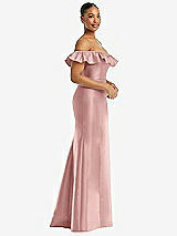 Alt View 4 Thumbnail - Rose Off-the-Shoulder Ruffle Neck Satin Trumpet Gown