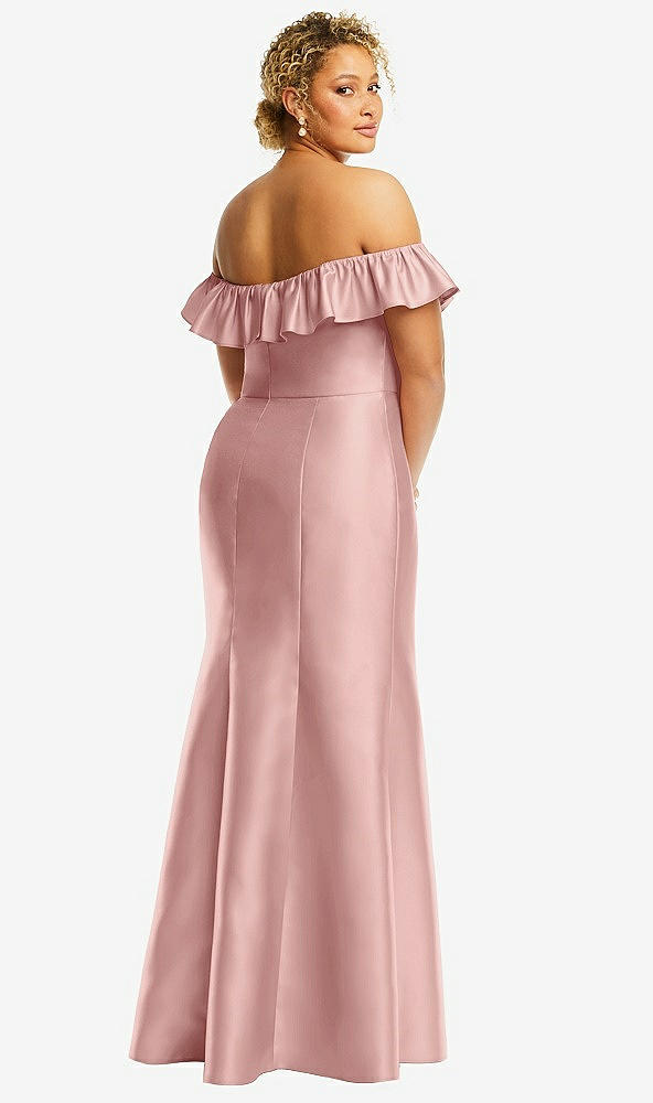 Back View - Rose Off-the-Shoulder Ruffle Neck Satin Trumpet Gown