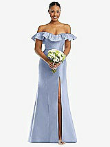 Alt View 2 Thumbnail - Sky Blue Off-the-Shoulder Ruffle Neck Satin Trumpet Gown