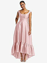 Front View Thumbnail - Ballet Pink Cap Sleeve Deep Ruffle Hem Satin High Low Dress with Pockets