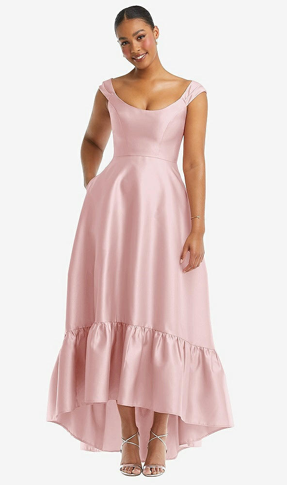 Front View - Ballet Pink Cap Sleeve Deep Ruffle Hem Satin High Low Dress with Pockets