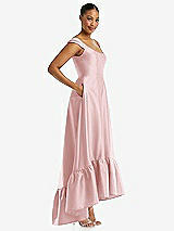 Side View Thumbnail - Ballet Pink Cap Sleeve Deep Ruffle Hem Satin High Low Dress with Pockets