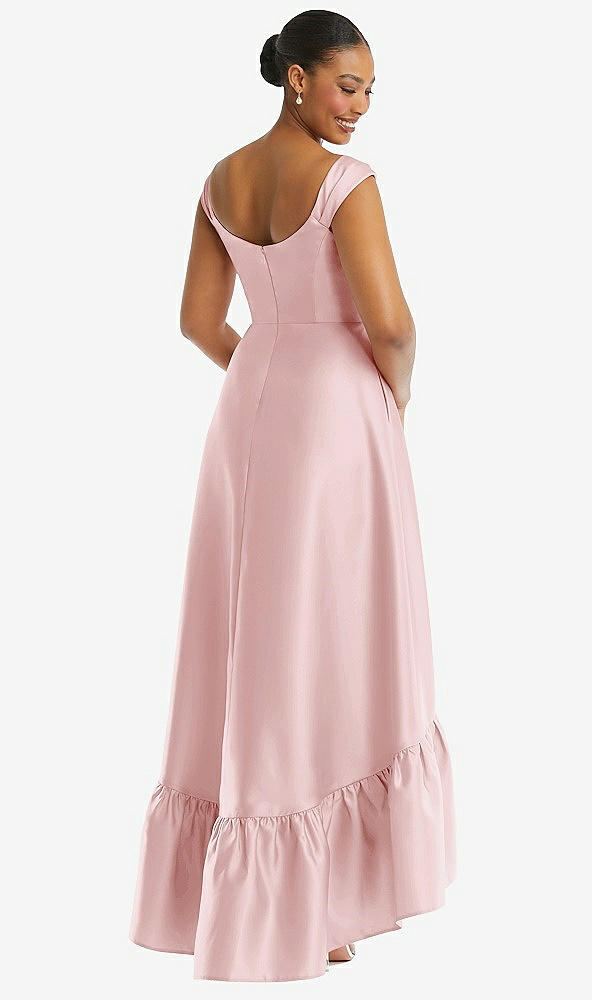 Back View - Ballet Pink Cap Sleeve Deep Ruffle Hem Satin High Low Dress with Pockets