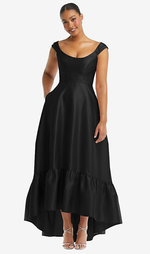 Front View - Black Cap Sleeve Deep Ruffle Hem Satin High Low Dress with Pockets