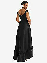 Rear View Thumbnail - Black Cap Sleeve Deep Ruffle Hem Satin High Low Dress with Pockets