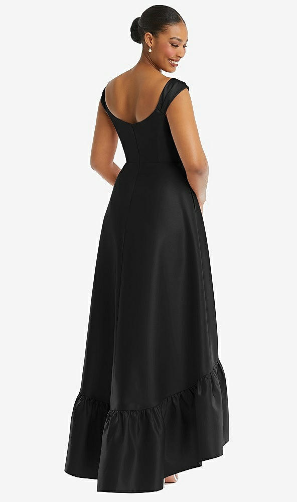 Back View - Black Cap Sleeve Deep Ruffle Hem Satin High Low Dress with Pockets