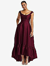 Front View Thumbnail - Cabernet Cap Sleeve Deep Ruffle Hem Satin High Low Dress with Pockets