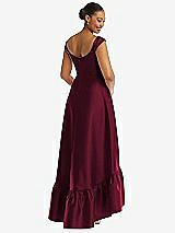 Rear View Thumbnail - Cabernet Cap Sleeve Deep Ruffle Hem Satin High Low Dress with Pockets