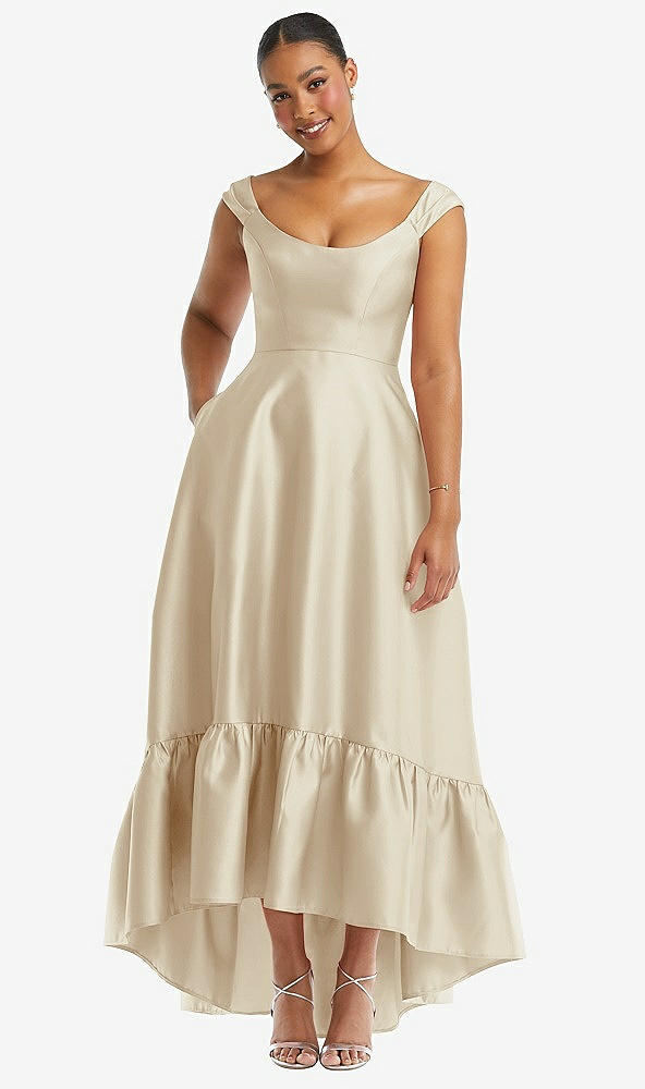 Front View - Champagne Cap Sleeve Deep Ruffle Hem Satin High Low Dress with Pockets