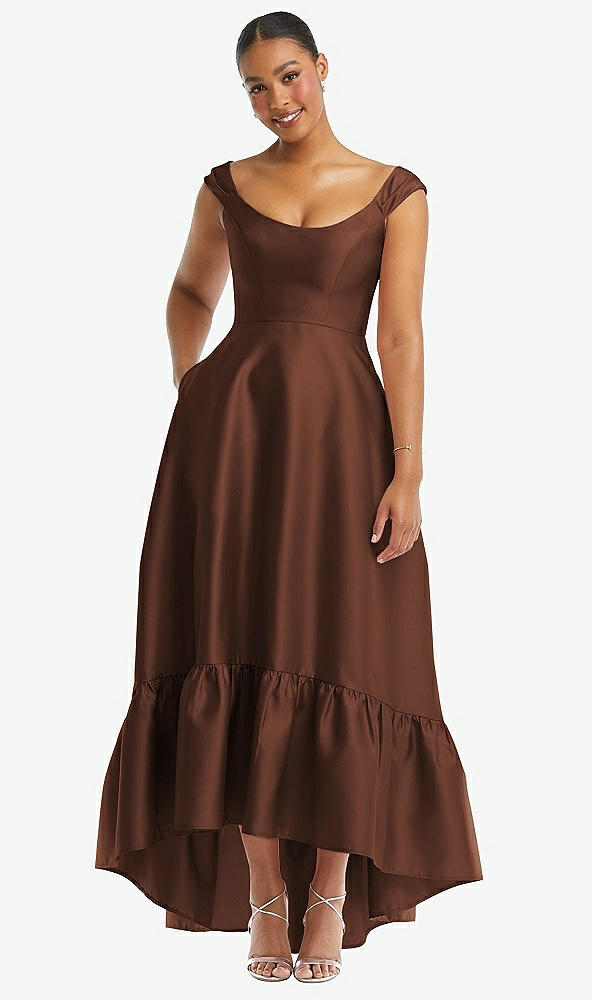 Front View - Cognac Cap Sleeve Deep Ruffle Hem Satin High Low Dress with Pockets