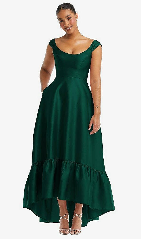 Front View - Hunter Green Cap Sleeve Deep Ruffle Hem Satin High Low Dress with Pockets