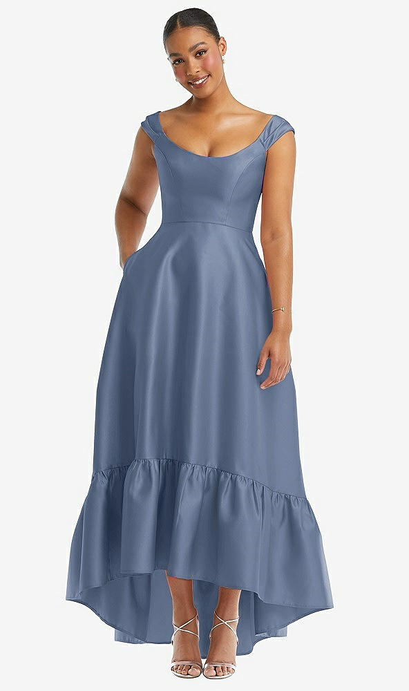 Front View - Larkspur Blue Cap Sleeve Deep Ruffle Hem Satin High Low Dress with Pockets