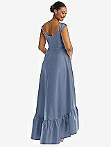 Rear View Thumbnail - Larkspur Blue Cap Sleeve Deep Ruffle Hem Satin High Low Dress with Pockets