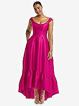 Front View Thumbnail - Think Pink Cap Sleeve Deep Ruffle Hem Satin High Low Dress with Pockets