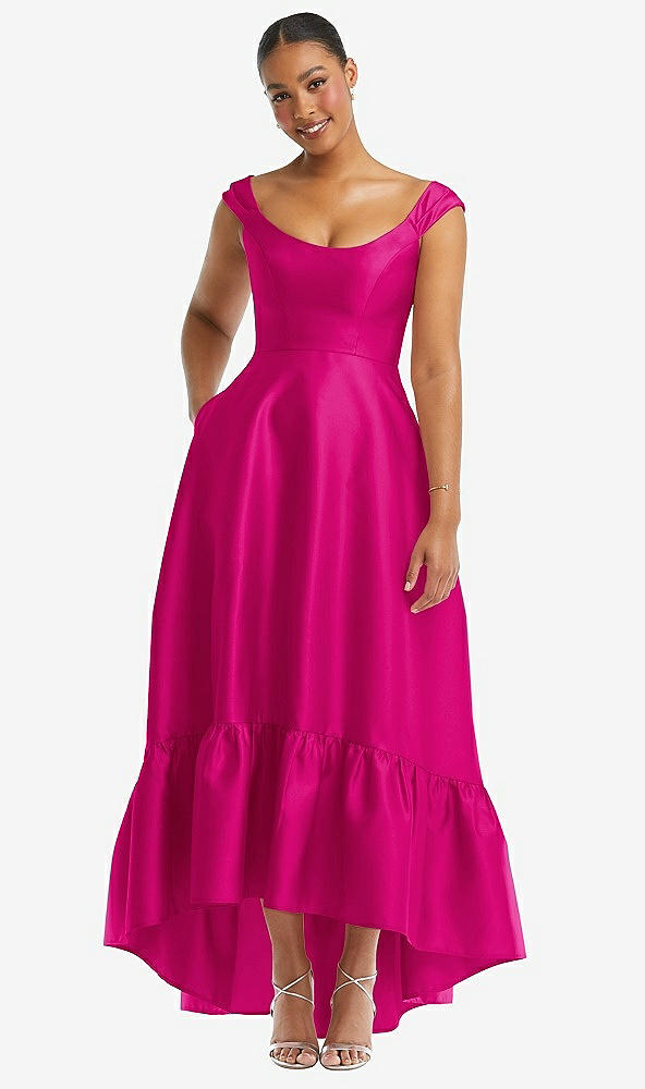 Front View - Think Pink Cap Sleeve Deep Ruffle Hem Satin High Low Dress with Pockets