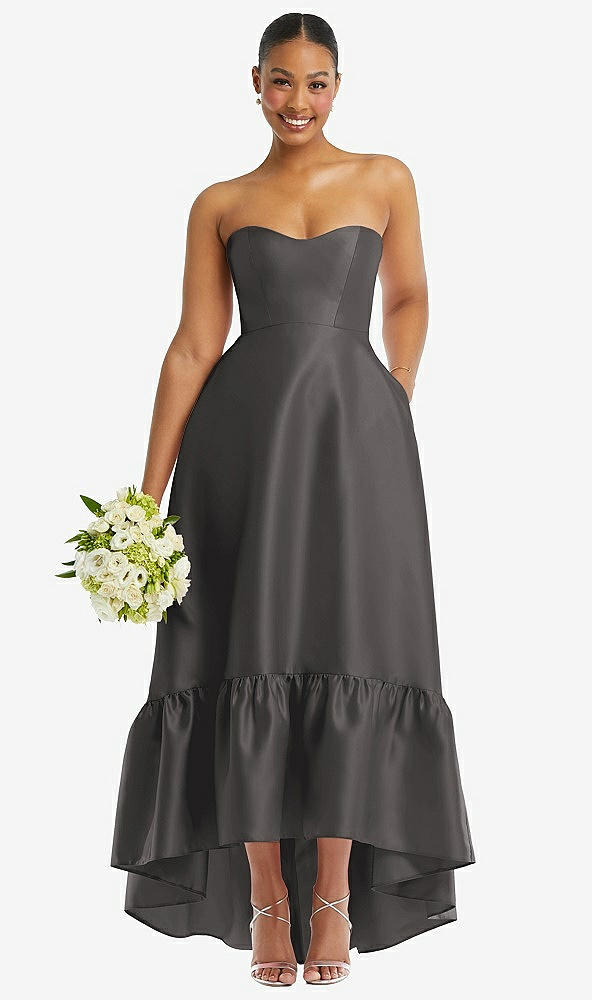 Front View - Caviar Gray Strapless Deep Ruffle Hem Satin High Low Dress with Pockets