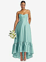 Front View Thumbnail - Coastal Strapless Deep Ruffle Hem Satin High Low Dress with Pockets