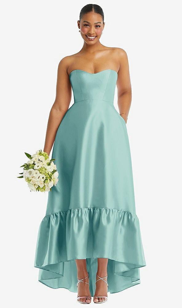 Front View - Coastal Strapless Deep Ruffle Hem Satin High Low Dress with Pockets