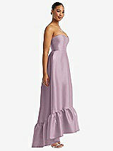 Side View Thumbnail - Suede Rose Strapless Deep Ruffle Hem Satin High Low Dress with Pockets