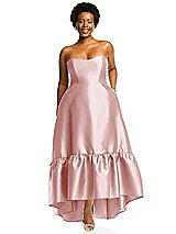 Alt View 1 Thumbnail - Ballet Pink Strapless Deep Ruffle Hem Satin High Low Dress with Pockets