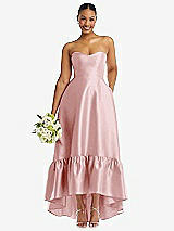 Front View Thumbnail - Ballet Pink Strapless Deep Ruffle Hem Satin High Low Dress with Pockets