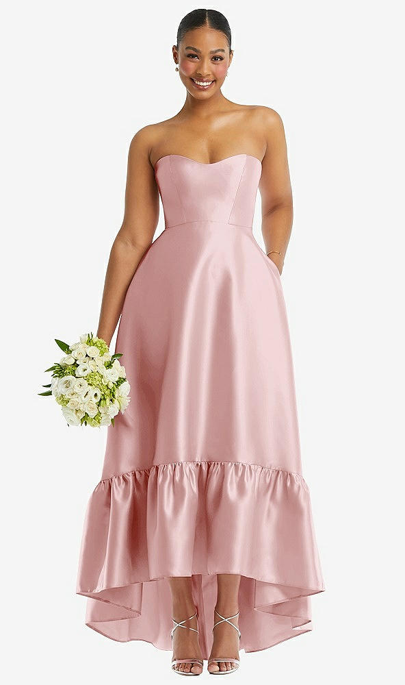 Front View - Ballet Pink Strapless Deep Ruffle Hem Satin High Low Dress with Pockets