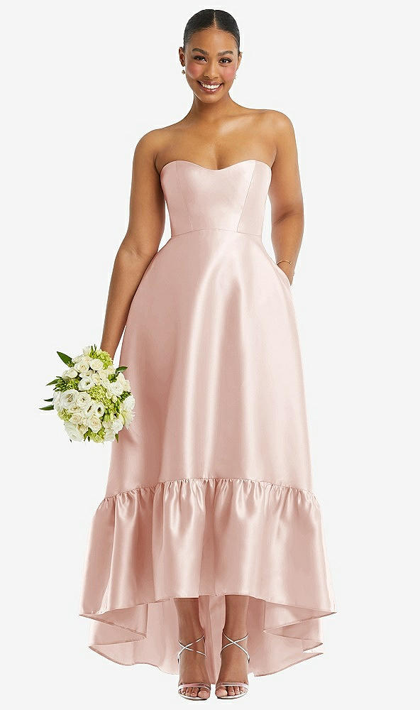 Front View - Blush Strapless Deep Ruffle Hem Satin High Low Dress with Pockets